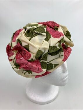Vintage Floral Rose Print Turban Hat Cream and Pink green Mesh lined Derby hat